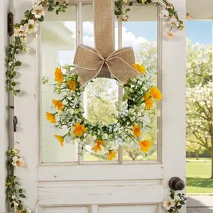 1pc Spring/Summer Daisy Artificial Wreath, Spring/Summer Front Door Wreath, with daisies and a bow, Daisy Flowers, suitable for indoor and outdoor use all year round, wreath for porch, patio and wall decoration - Party Decoration Wreath