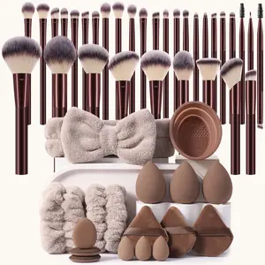 48PCS All-Round Makeup Accessory Set 32 Soft Bristle Brushes Assorted Makeup Sponges Beauty Eggs Triangular Powder Puffs Finger Puffs Mini Puffs Headband Face Wash Wrist Straps & Brush Cleaner Multifunctional Portable Cosmetic Tools for Daily Makeup