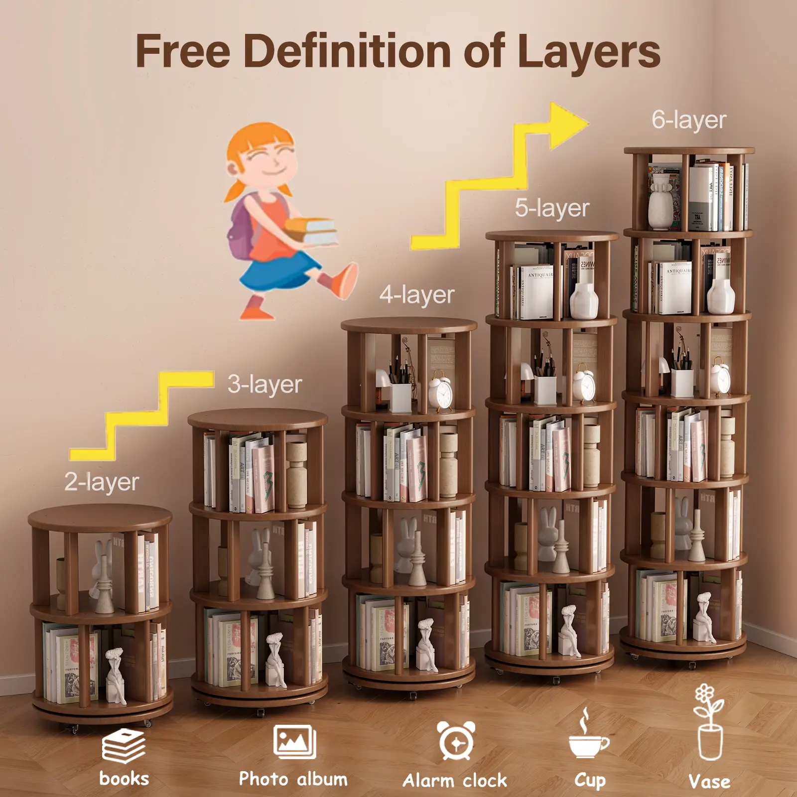 【School】100% Solid Wood - No MDF, Rotating Bookshelf on Wheels, Spinning Bookshelf Tower 360° Display Unique Round Bookcase for Home Study and Office Organization Furniture Stand Organize