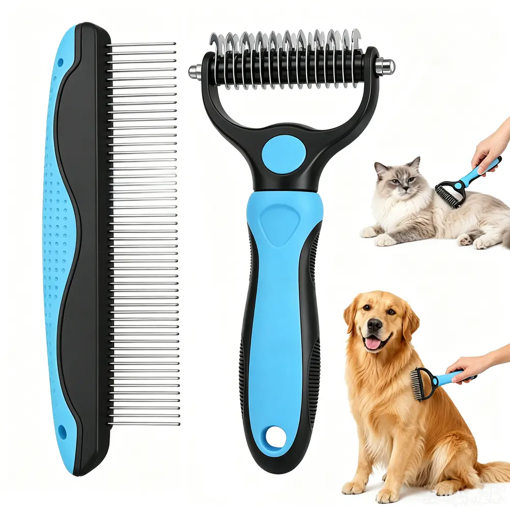 brush-double side hurtless Dog Cat Grooming Tool Set, 2 Pack Multifunctional Dematting Undercoat Rake Metal Pet Comb, Effective Shedding Brush for Long Matted Fur Pets