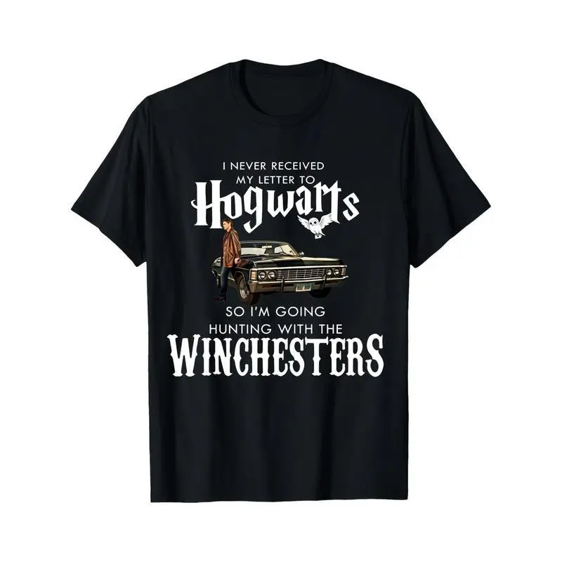 Men's Short-Sleeve Black T-Shirt, Menswear Tops with Hogwarts & Winchesters Hunting Fan Artwork, All-Season Casual Wear for Harry Potter & Supernatural Fans