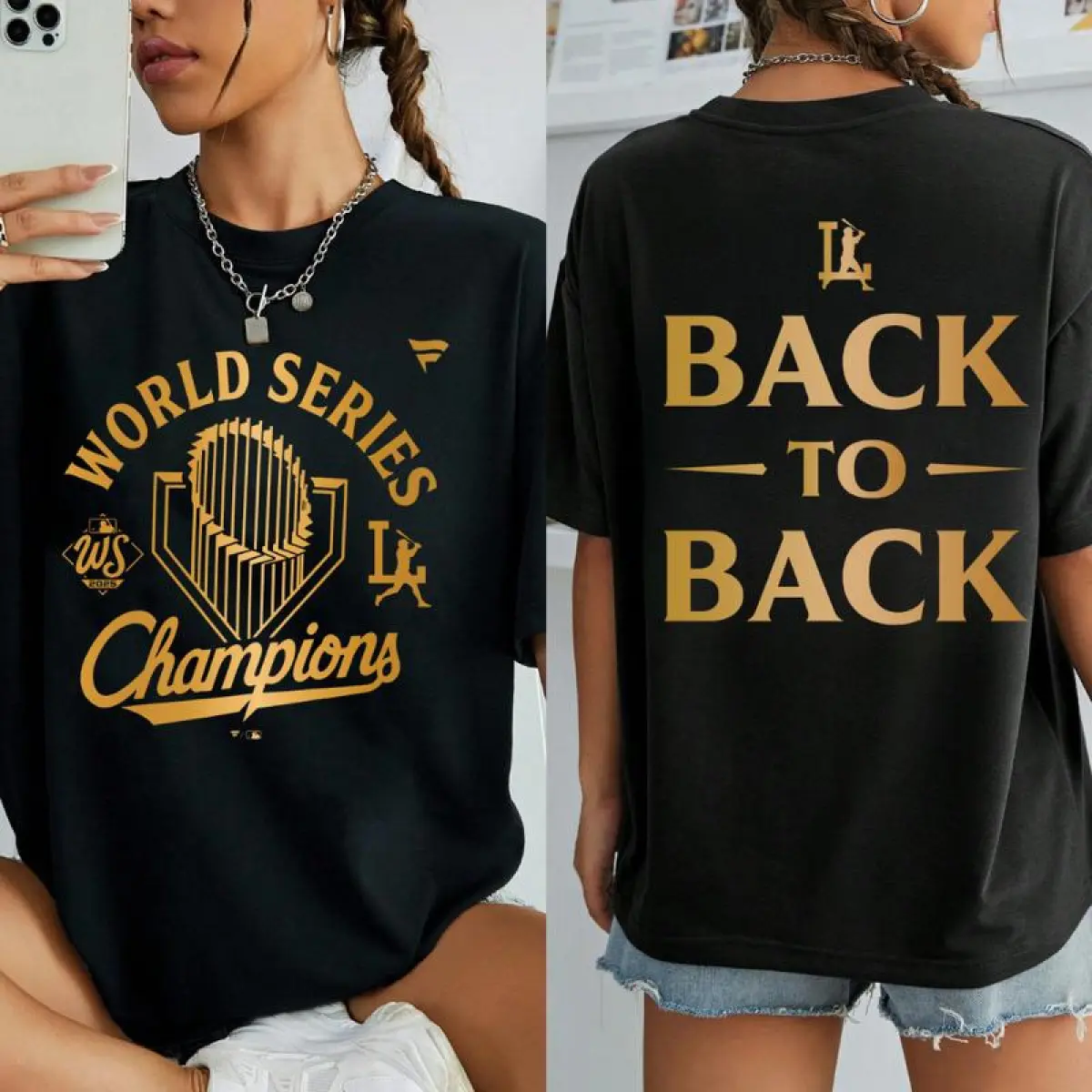 [Winter Outfits]La Back to Back Champions T-Shirt, World Series 2025 Winner T-Shirt, Los Angeles Baseball Fan Celebration Top, Gold Print Streetwear T-Shirt