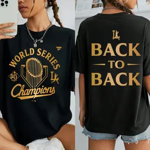 [Winter Outfits]La Back to Back Champions T-Shirt, World Series 2025 Winner T-Shirt, Los Angeles Baseball Fan Celebration Top, Gold Print Streetwear T-Shirt