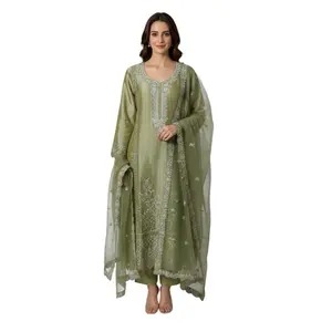 Heavy work Pakistani Kurta Set in Soft Olive Green Perfect for Any Occasions or Festivals with Embroidered Details