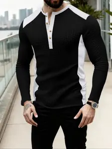 Men's Colorblock Henry Neck Long Sleeve T-Shirt, Casual Commuter Wear, Breathable Skin-Friendly, Versatile Trendy Top, Spring & Fall