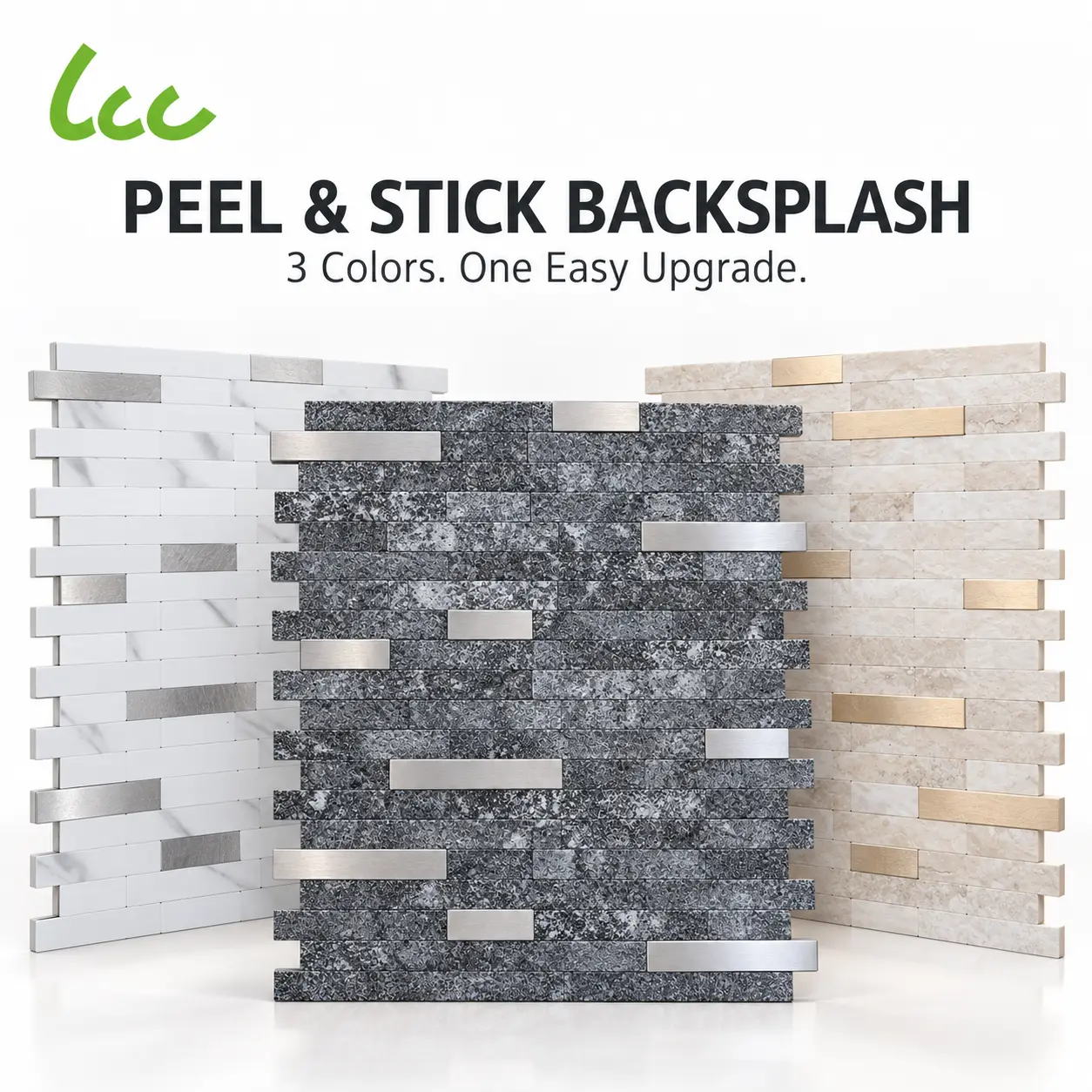LCC 12x12 in Peel and Stick Backsplash Tile - Beige Stone Look 3D Mosaic PVC Wall Panel with Gold Accents, Easy DIY No Grout for Kitchen Bathroom, Kitchen Decor