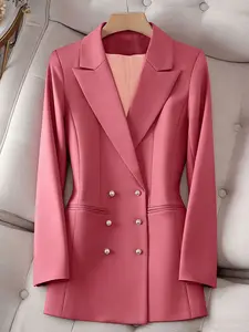 A women's peach-colored half-single-breasted pearl double-pocket suit jacket with a regular shoulder top, suitable for spring and autumn suitable for daily commuting, home wear, and light business Womenswear