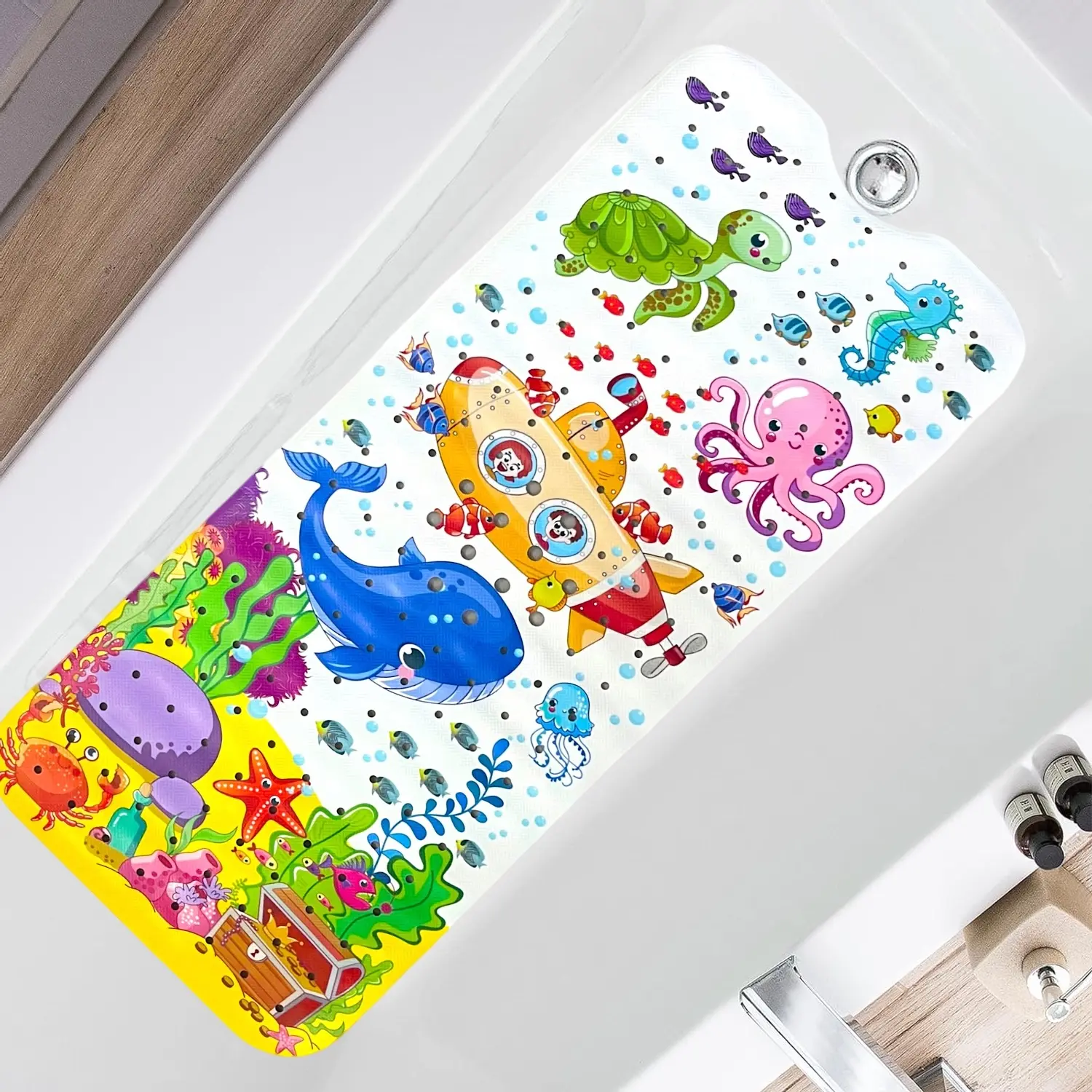 1pc Ocean Theme Long Fun Cute Bath Mat with Suction Cups 16*40inch/40x100cm, PVC Cartoon Nonslip Shower Mat, Bathroom Mats, Bathroom Decorative Mat Fast Drainage Safety Mat for Bathroom Pool Gym Home Decor