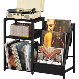 Black End Table,Record Player Stand with Vinyl Storage,3 Tier Side Table with Display Shelf Storage Up to 150 Albums,Industrial Large Record Holder Cabinet for Living Room