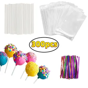 100-Piece Cake Pop Kit: Lollipop Sticks, Cellophane Bags & Colorful Tying Wire for Candy and Cookie Packaging