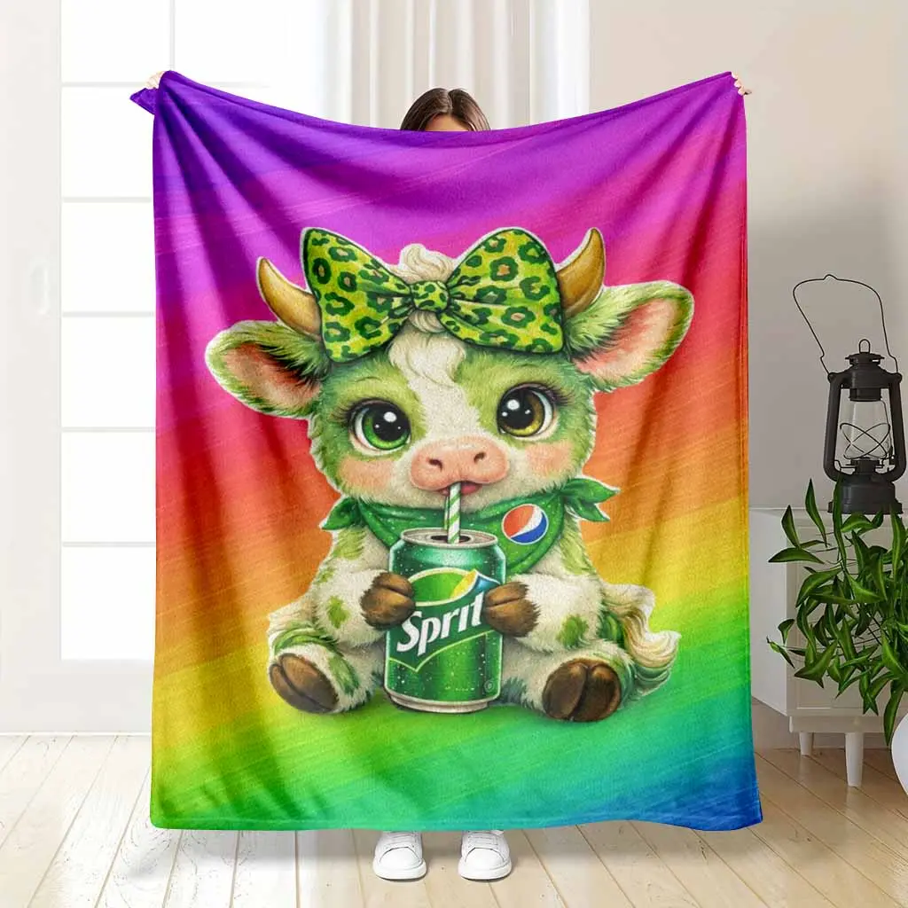 Rainbow Animal Themed Flannel Fabric Blanket - Cute Green Cow, Leopard Bow, Green Soda Prints, Soft Warm Lightweight Fleece Throw, Anti-Pilling, Wrinkle Resistant, Indoor/Outdoor Cozy Bedding, 30*40In (Small for Babies)