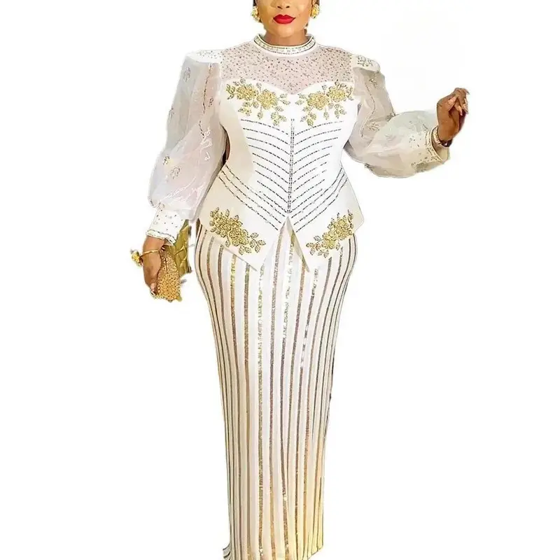 white and gold ankara dress Super Elegant African Ankara Gown with a Train – WhatNaturalsLove.com main image 1