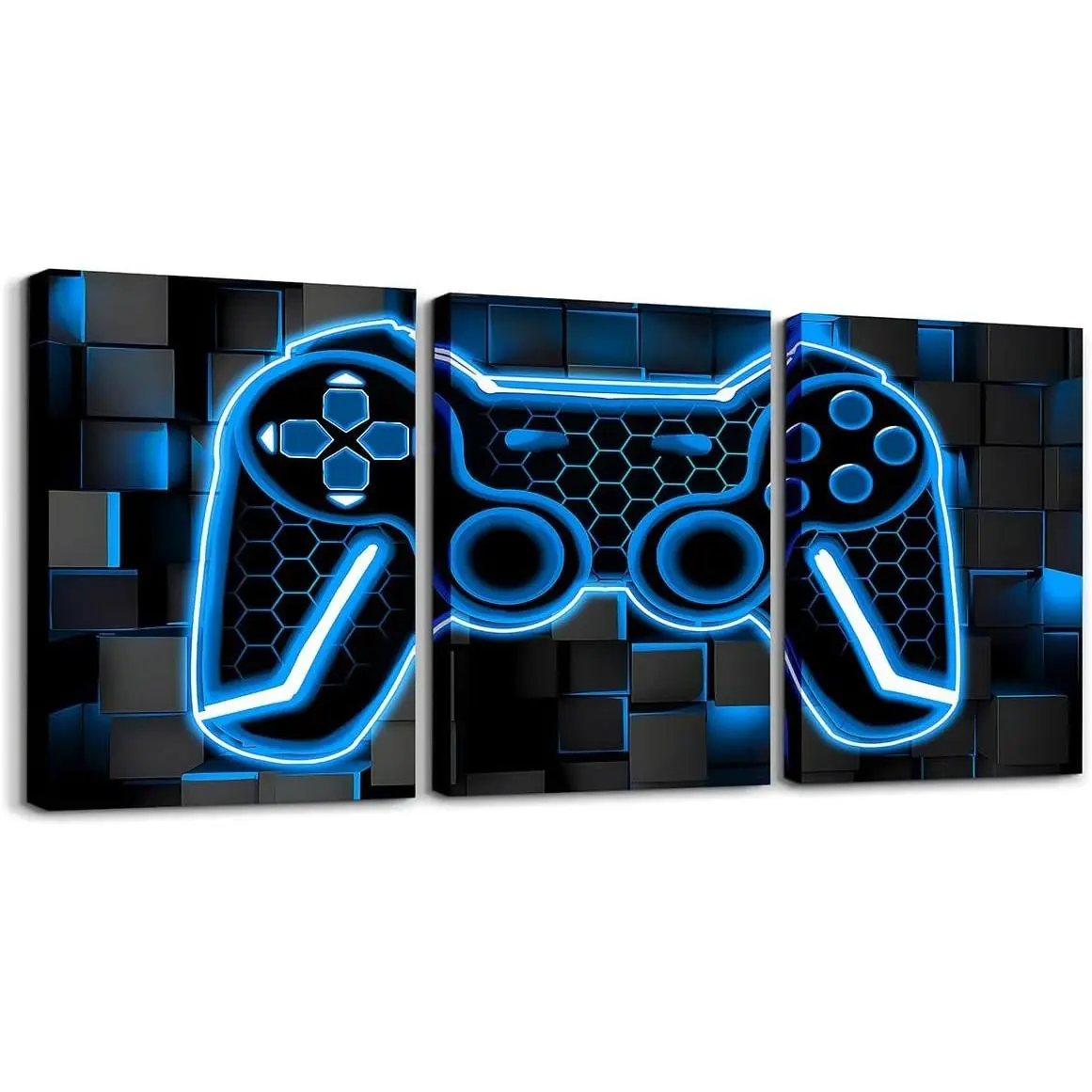Feelyou Retro Gamer Canvas Wall Art - 12"x16" 3-Piece Wood-Framed Hanger, Modern Geometric Honeycomb Game Controller Decor with Lighting, Ideal Christmas Gift for Bedroom Home Decor