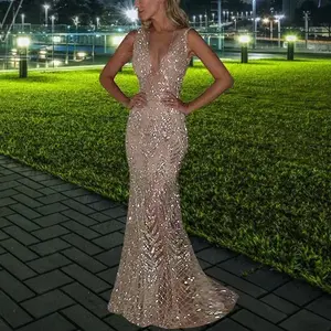 2025 Elegant Explosion Glitter Dress Sexy V-neck Party Pink High Waist Package Hip Floor Long Dress Banquet President Dress Cotton Fashion Wedding Guest Dress Indian Love Ball Dress Gold Dress Graduation Dress Ball
