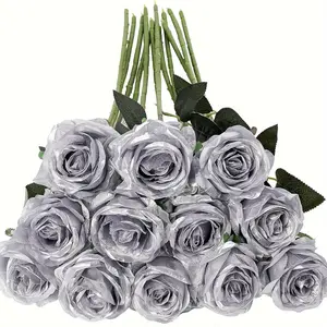Silver Roses Artificial Flowers - 12pcs Realistic Long Stem 52cm Plastic Roses Bouquet for Home Wedding Party Decor