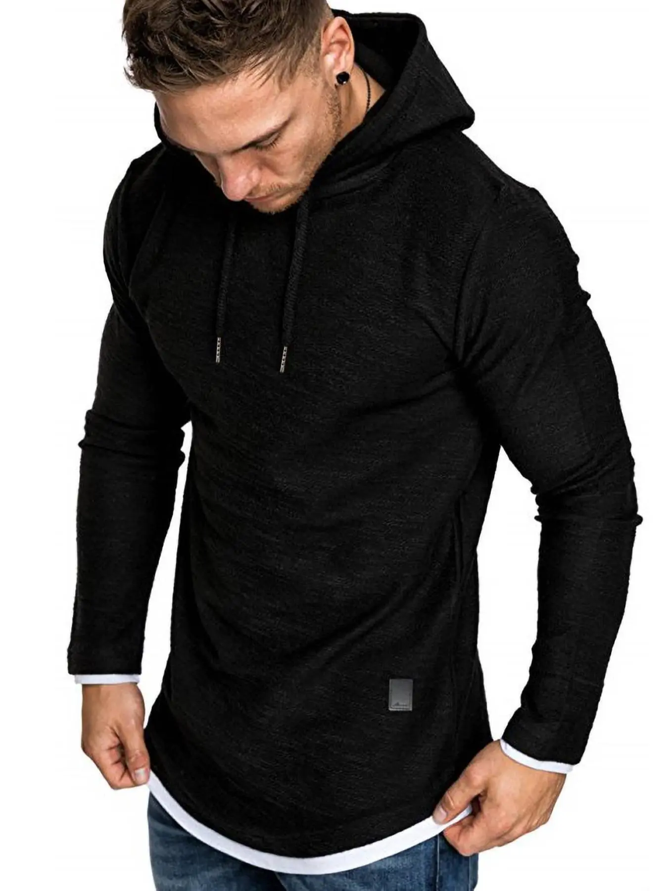 Men's Regular Fit Patched Drawstring Jersey Hoodie, Casual Fitted Long Sleeve Contrast Binding Sweatshirt for Spring & Fall, Fashion Men's Clothes for Daily Wear, Fitted Casual Outerwear