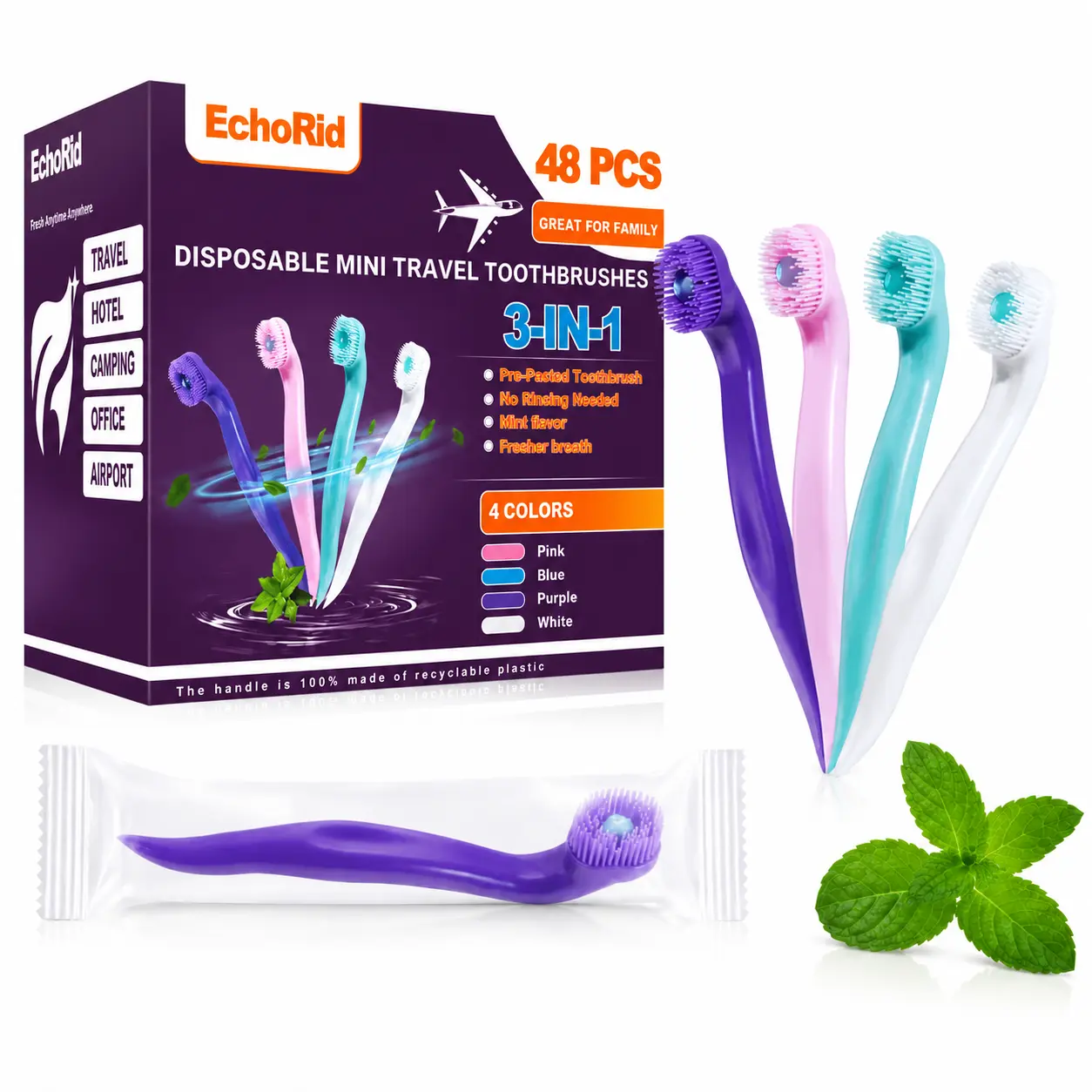 48 Pack Individually Wrapped Pre-Pasted Disposable Soft Toothbrushes, 3 in 1 Waterless Mint Travel Toothbrush with Pick, Gum Friendly Portable Oral Care for Camping Trips