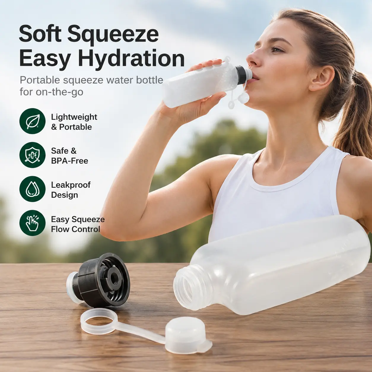 1 Count, Squeezable Portable Sports Water Bottle, with Measurement Scale, Leakproof Dust Cap, for Outdoor Running Hiking Camping Activities