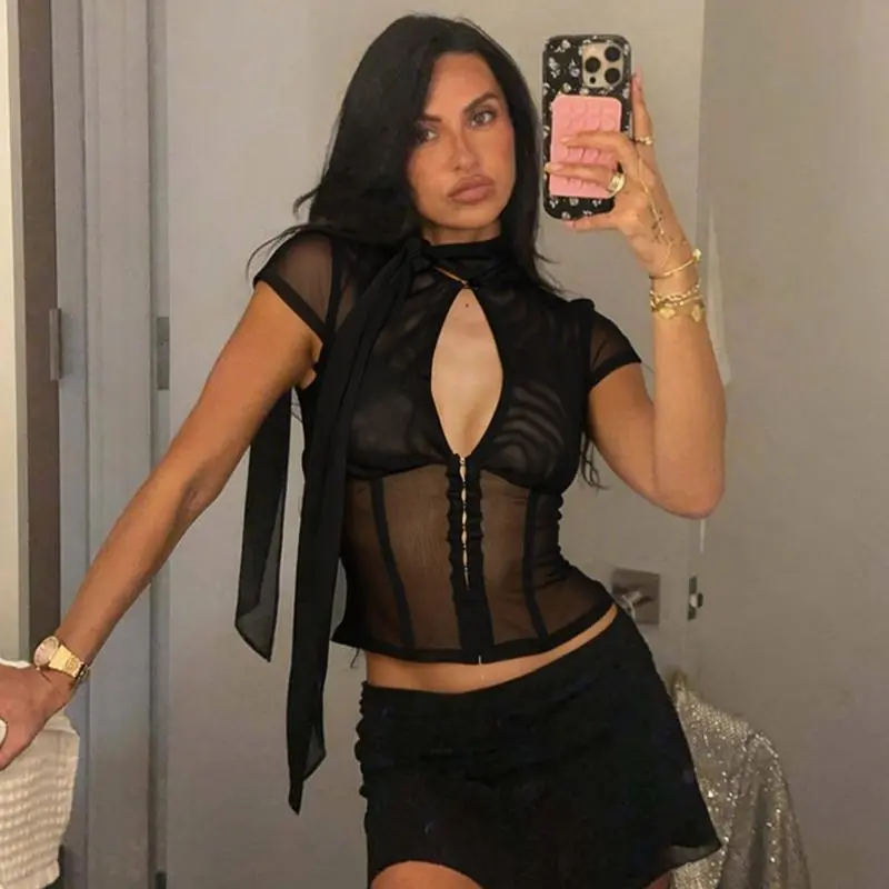 Lady's 2026 Summer New Shortleeve Mesh Corset Top - Tie Neck, Cutout Front, Hook-Eye Closure, Semi-Sheer, Slim Fit, Elegant Going Out Clothes, Cold Wash Blouse, Shortsleeve, Going Out Tops, Do Not Dry Clean, Evening, Mock Neck, Sexy Party