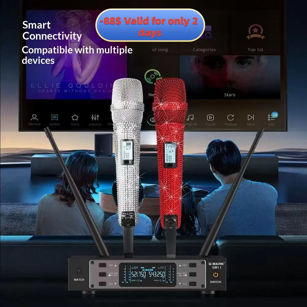K-MYZS Rechargeable Wireless Dual Microphones - 1-to-1 Chip Connection, LED Lights, 40H Battery Duration, 200FT Receiving Range, Low Latency Karaoke Mic for Singing