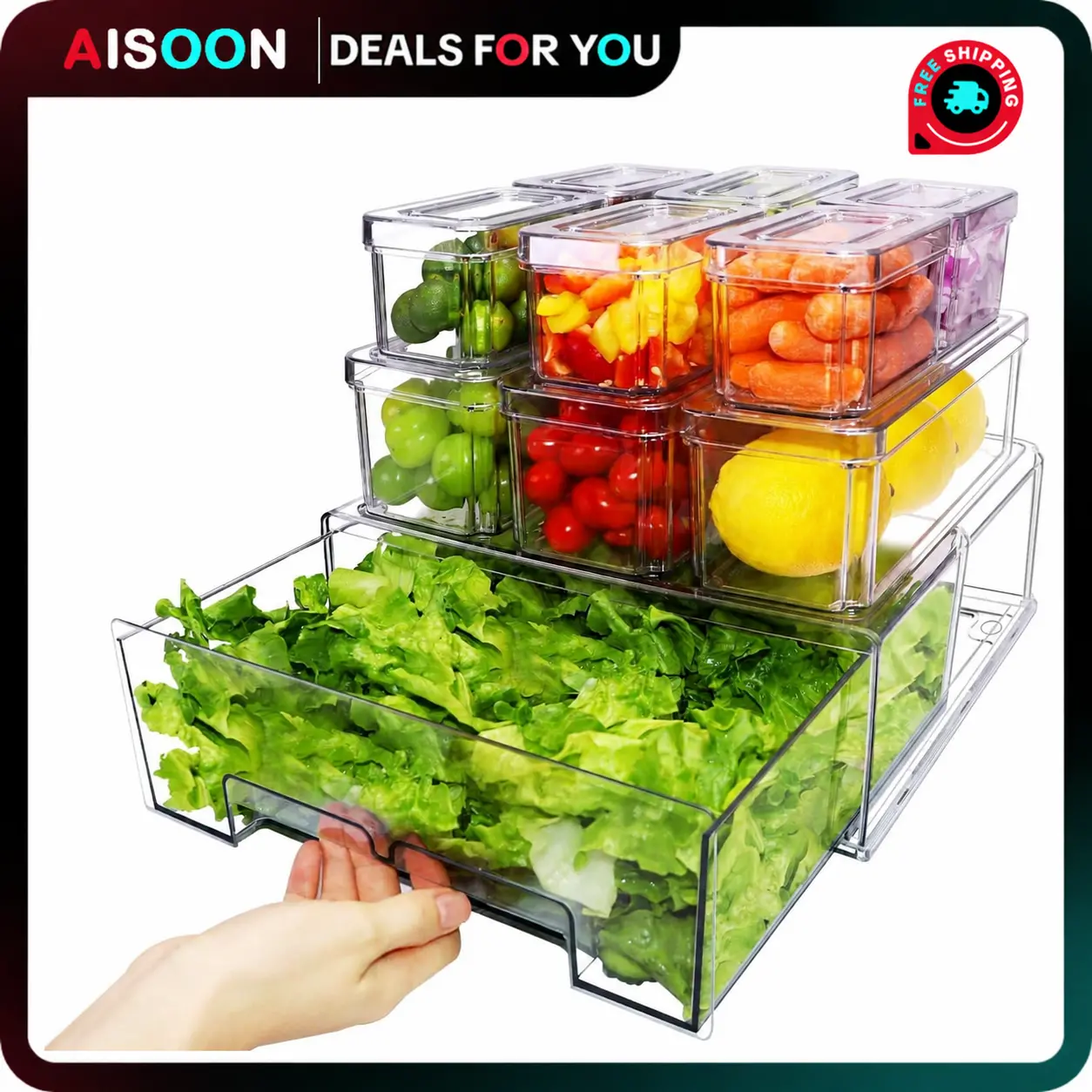 AISOON 10 Pack Clear Fridge Organizer Bins with Lids, Stackable Refrigerator Storage Containers with Pull-Out Large Drawer, BPA-Free Anti-Slip Fridge Organizers for Fruits, Vegetables, Drinks & Pantry Storage
