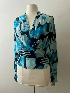 Silk Abstract Blue Print Wrap Blouse| Large