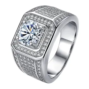 BOSS VIBE2CT Men's Diamond Ring D-Color Moissanite Dupe 18K Gold Plated Chunky Statement Jewelry Bling Bling Gift for Him Easter Spring Break, Elegant Glittering Ring
