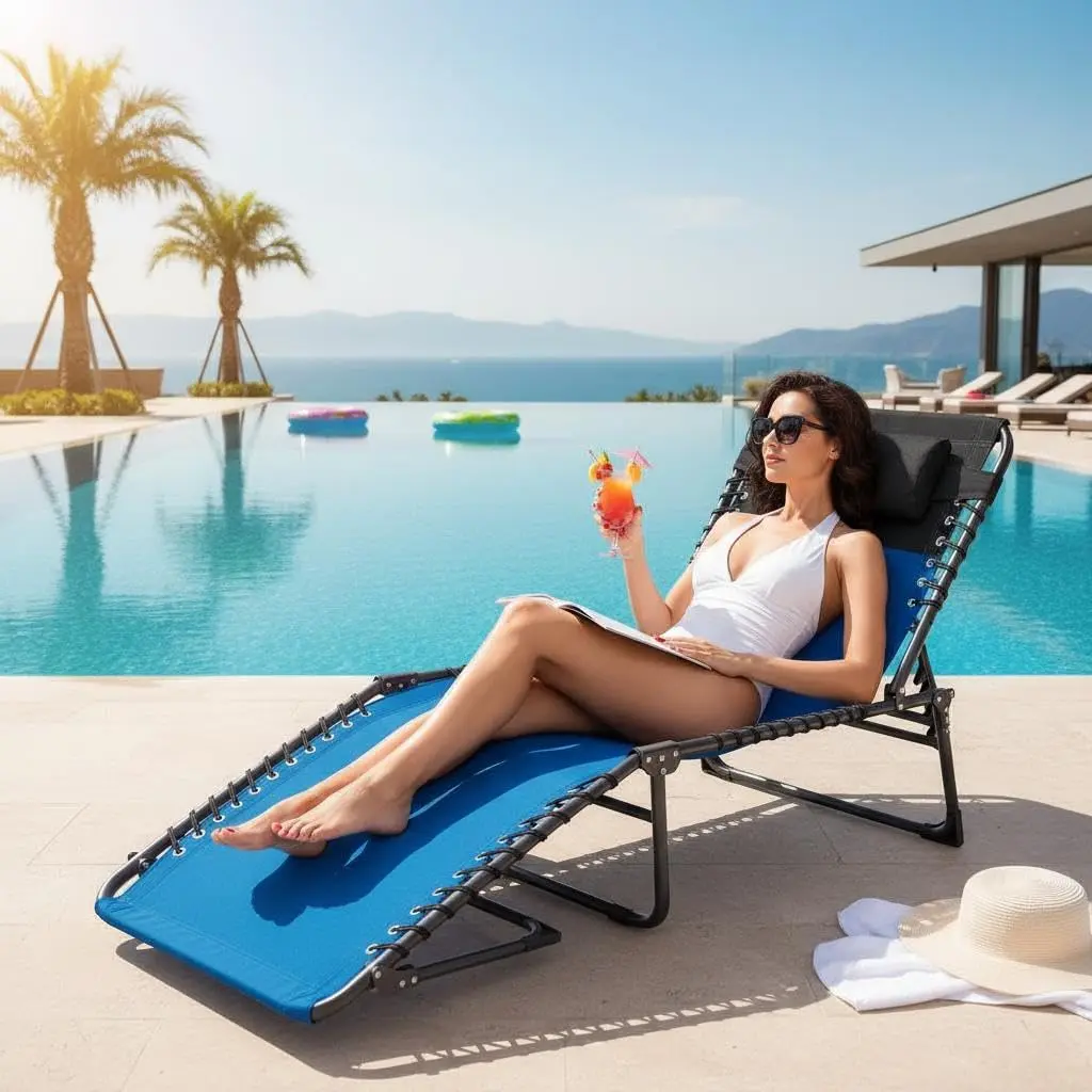 Portable Outdoor Folding Sunbathing Chaise Lounge - 5-Position Adjustable Recliner Chair, Outdoor Patio Furniture, with Carrying Handle, Side Pocket, Detachable Pillow, for Beach, Pool, Camp, Adjustable Reclining Chair Sunloungers