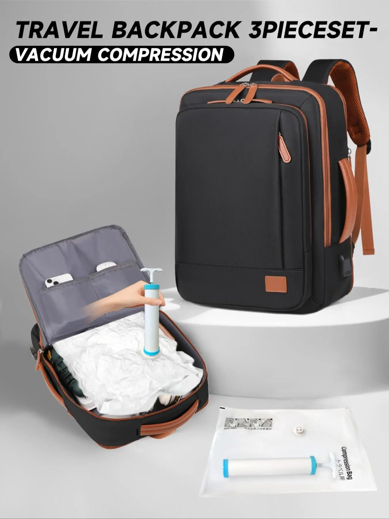 Vacuum Compression Backpack with Vacuum Pump, Expandable Large Capacity Laptop Backpack, Multi-Compartment Design, Ideal for Travel, Business, Vacation, Vacuum Seal Backpack, Travel Backpacks