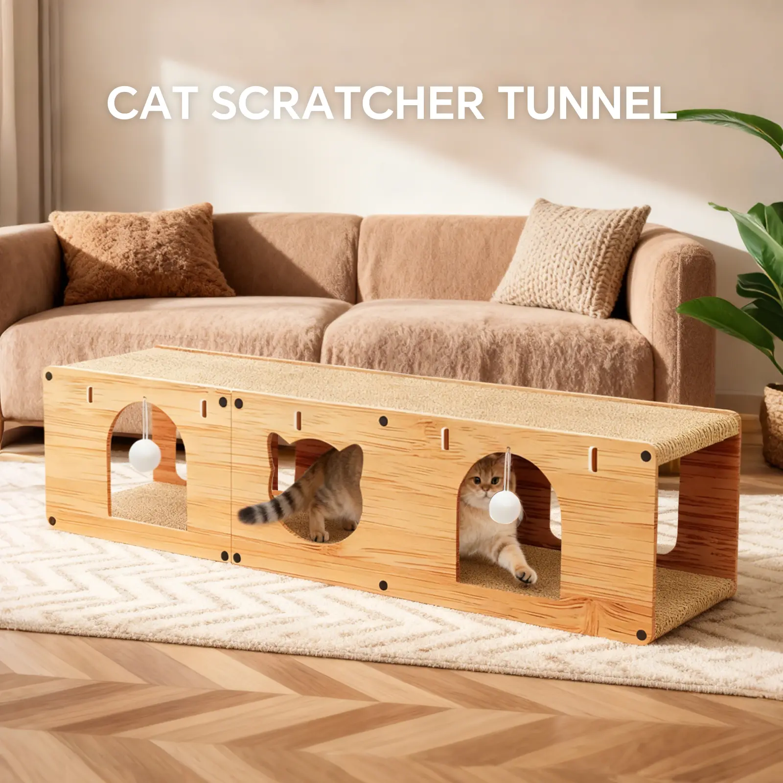 Extra Long 39.4 Inch Cat Tunnel Scratcher, Wooden Corrugated Cat Play Tunnel with Hanging Ball Toy, Multi Holes Cat Hideout House, Large Cat Scratching Pad Lounge Bed for Indoor Kittens Cats