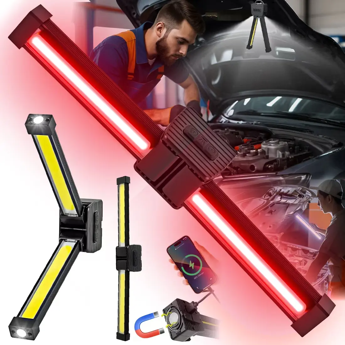 HOUBALND Gym Lamp, Portable Gym Lighting for Posing, Magnetic Work Light Rechargeable, Gift for Men/Women, 180° Rotate Foldable with Hang Hook Camping Lamp, USB Power Bank LED Handheld Flashlight (Black)