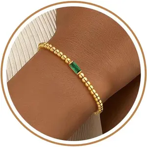 Birthstone Gold Beaded Bracelets for Women Non Tarnish Trendy Dainty 14K Gold Plated Cute Stackable Bead Stretch Friendship Bracelet Stack for Best Friend Couples Birthday Gifts Jewelry