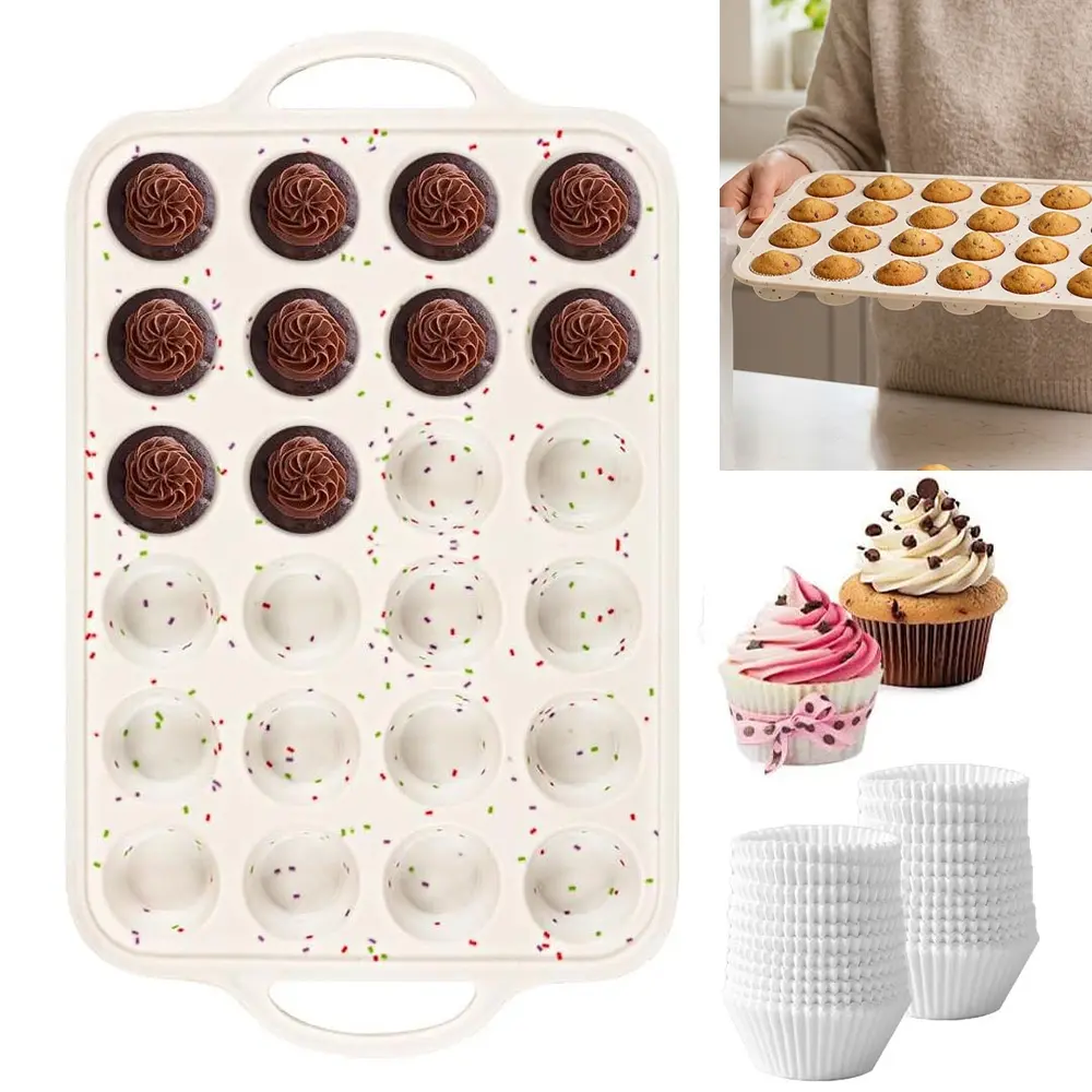24-Cavity Reusable Non-Stick White Confetti Silicone Small Mini Muffin Pan with Handles, Oven-Safe Baking Tin + 200-Pack Greaseproof Cup Liners, Heat-Resistant Fruit Dessert Mold for Mini Cheesecakes, Parties