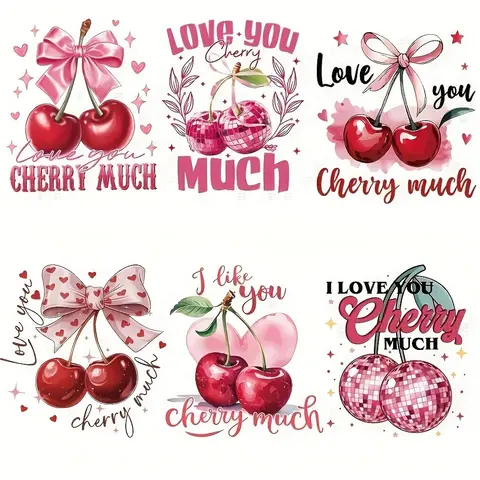 Cherry Pattern Iron-on Transfer Patch, 6 Counts/set Easy to Apply Mixed Color Vinyl Fun Creative DIY Appliques for Washable Clothing and Accessories, Charming Cherry Motif, Cherry Vinyl Patches
