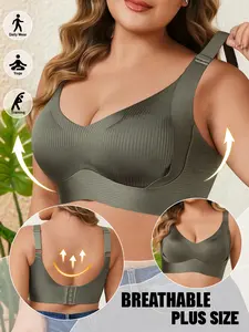 Plus Size Ribbed Wide Strap Bra Adjustable Push Up Support Side Fat Control Wireless Breathable Women Full Figure Daily Sports Yoga Lingerie