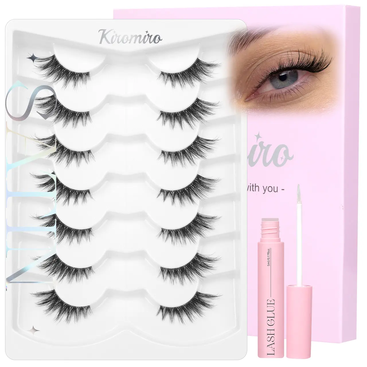 Kiromiro Half Lashes 16mm False Eyelashes Clear Band Natural Wispy Lash Strips Cat Eye Short Fake Lashes Spiky Eye Lashes 7 Pairs for Clean Makeup