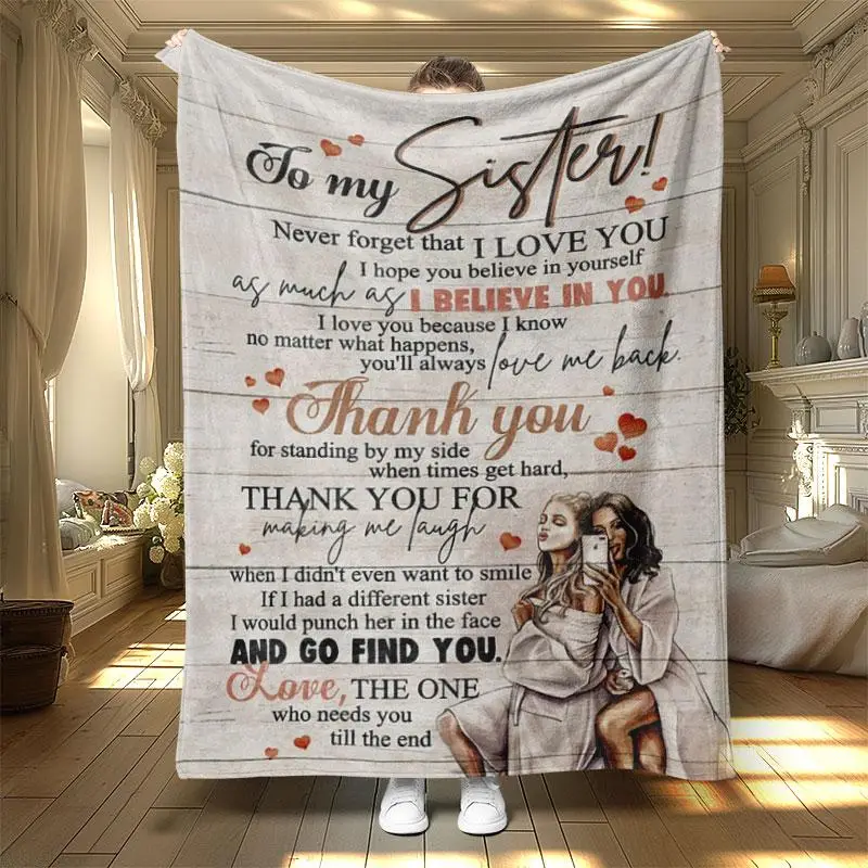 Letter & Sisters Pattern Blanket, 1 Count Soft Warm Throw Blanket, Air-conditioned Room Blanket, Warm Nap Blanket for Home Office Travel
