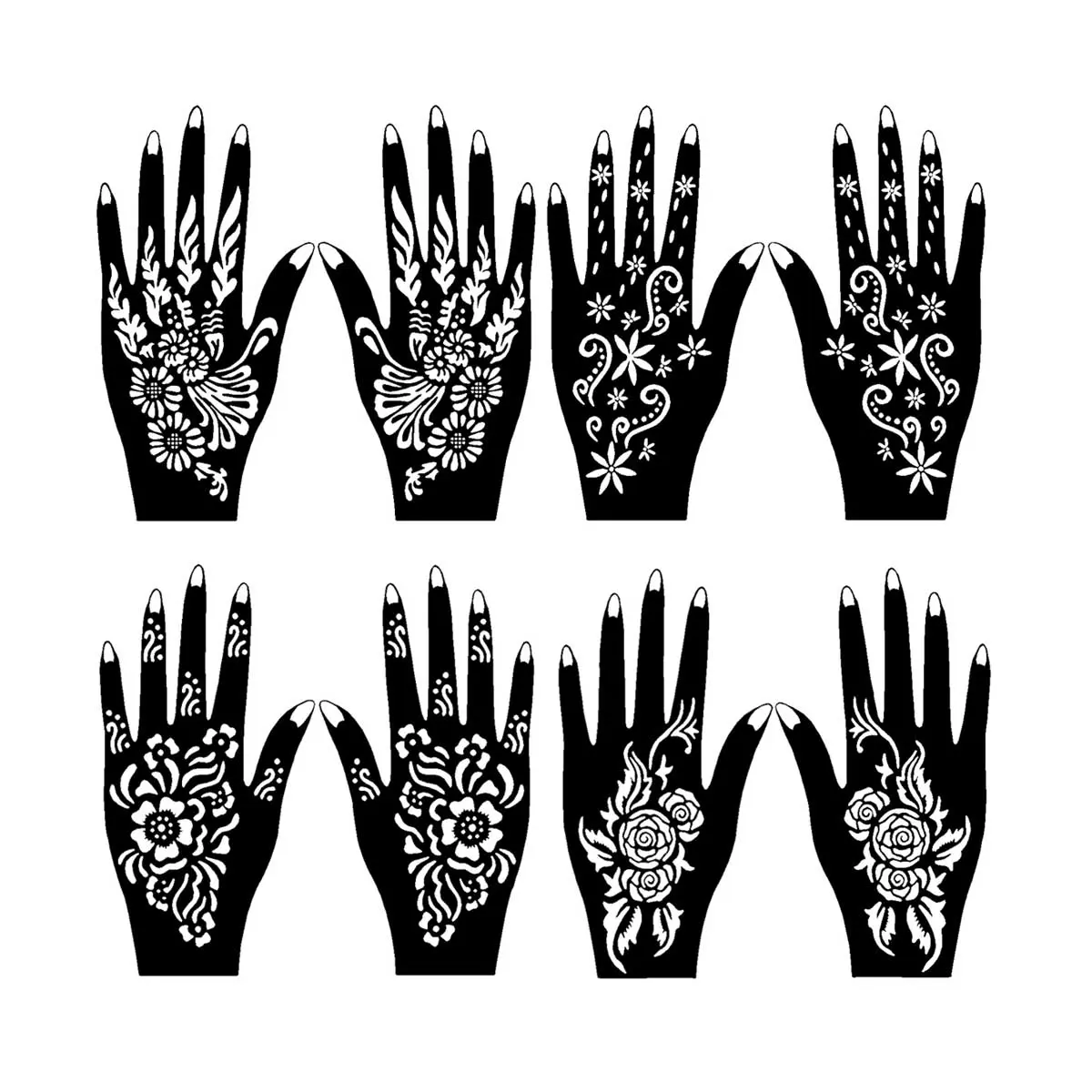 Hollow Out Henna Tattoo Stencil, 8 Counts/set Unique Design Patterns Reusable Hand Shaped Henna Tattoo Stencil, DIY Art Decorative Body Paint Template for Women & Girls