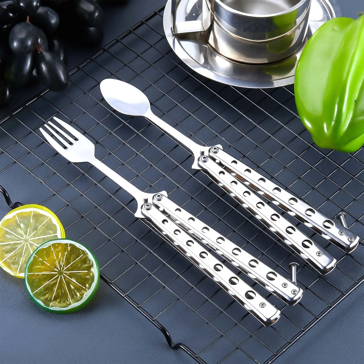 2-Piece Tactical Butterfly Folding Stainless Steel Spork Set, Balisong Trainer Utensil for Camping, Hunting, Travel Camp Kitchen Outdoor Tableware Cutlery
