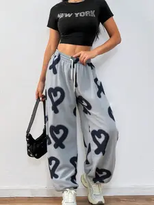 Women's Random Heart Print Pants, Casual Comfy Trousers for Spring & Fall, Women's Bottoms for Daily Wear, Baggy Pants