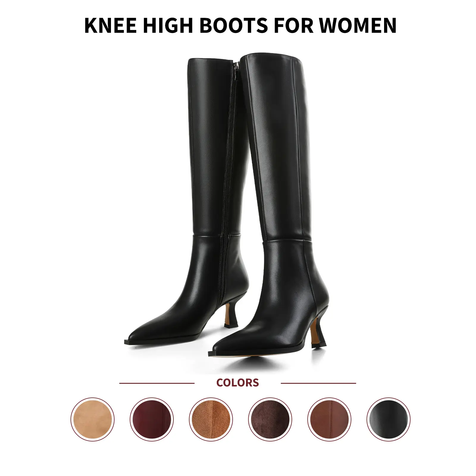 VIMISAOI Knee High Boots For Women Pointed Toe Kitten Heel Side Zipper Pull On Casual Outings Office Formal Date Party Wedding Nightclub Shopping Comfortable Tall Stylish Elegant Modern Fashion Dress Booties Shoes Summerwins Tiktok Shop Back To School