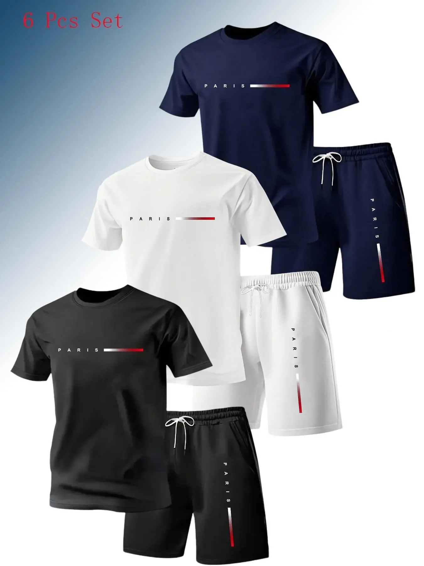 6-Piece Men's Casual Sports Set, Casual Sporty Design, Summer Training Outfit in Breathable Knit Fabric, Paris Letter Print Quick-Dry Tees and Shorts, Ideal for Running and Fitness