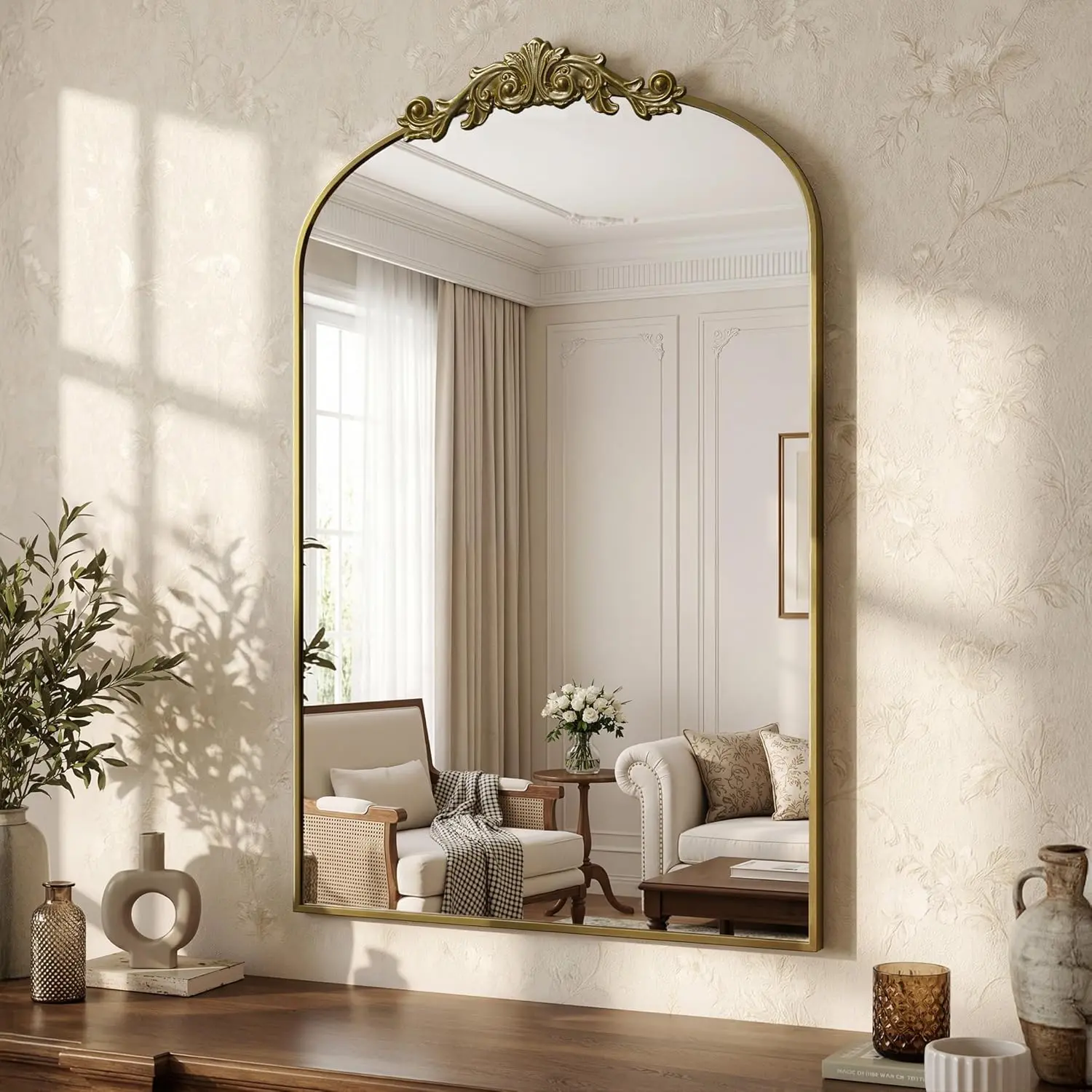 Arched Wall Mirror, 24" x 36" Vintage Carved Mirror with Antique Bronze Aluminum Frame, Retro Decorative Wall Mirror for Bedroom, Living Room, Entryway, Fireplace & Hallway