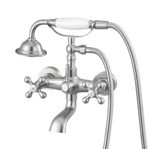 summervibes Vintage Brushed Nickel Wall-Mount Clawfoot Tub Faucet Kit, 360-Degree Rotation Spout, Adjustable Swing Arms, Handheld Shower Tub Filler for Bathtubs