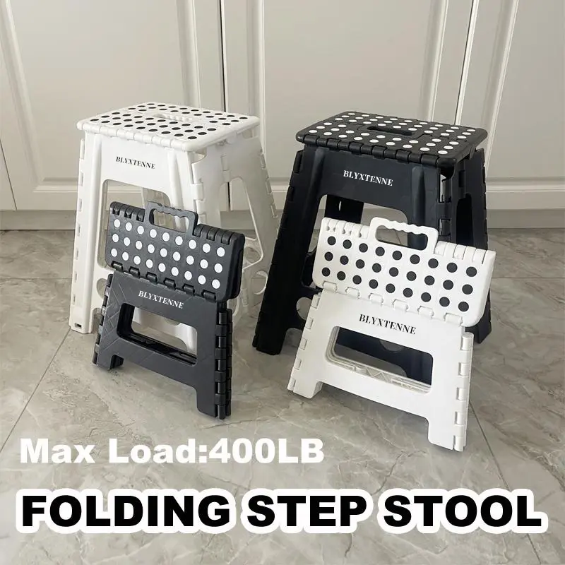 BLYXTENNE 18" Folding Step Stool for Adults Holds Up to 400 lbs,Non-Slip Folding Stools with Portable Handle, Compact Plastic Foldable Step Stool for Bathroom,Bedroom, Kitchen,Black，Christmas Gift