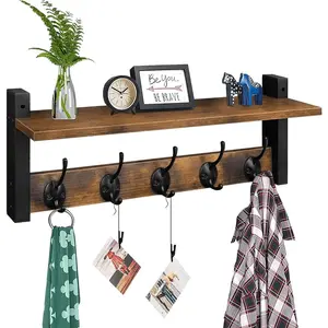 Wall Hooks with Shelf Wood Coat Rack with Shelf Wall-Mounted Entryway Hanging Shelves with 5 Metal Hooks for Clothes Hats Towel Purse Robes Bathroom Mudroom Bedroom Rustic Brown Black Stain Resistant Home Decor OrganizerShelf