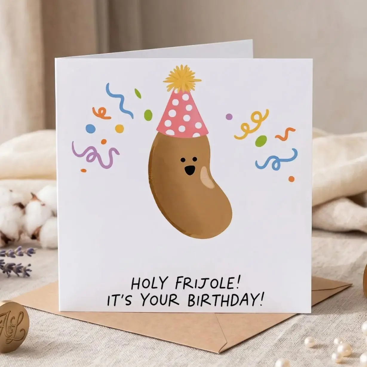 Personalized Birthday Card, Custom Name Greeting Card, Cute Party Bean Design, Funny Card for Her, Unique Birthday Gift,