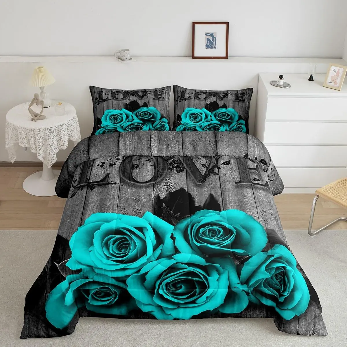 Feelyou Queen Bed Comforter Set - Turquoise Grey Teal Rose Floral Comfy Microfiber Bedding Set, Breathable Whole-Piece Duvet Insert, Country Style Decorative Travel-Friendly Bedding for Adults, Comfy Bedding Set