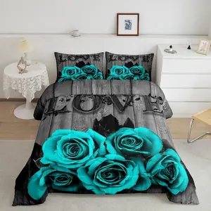 Turquoise Grey Bedding Set,Teal Rose Flowers Comforter Set for Men Women Valentine'S Day Wedding Comforter,Country Rose Floral Quilt Duvet Insert