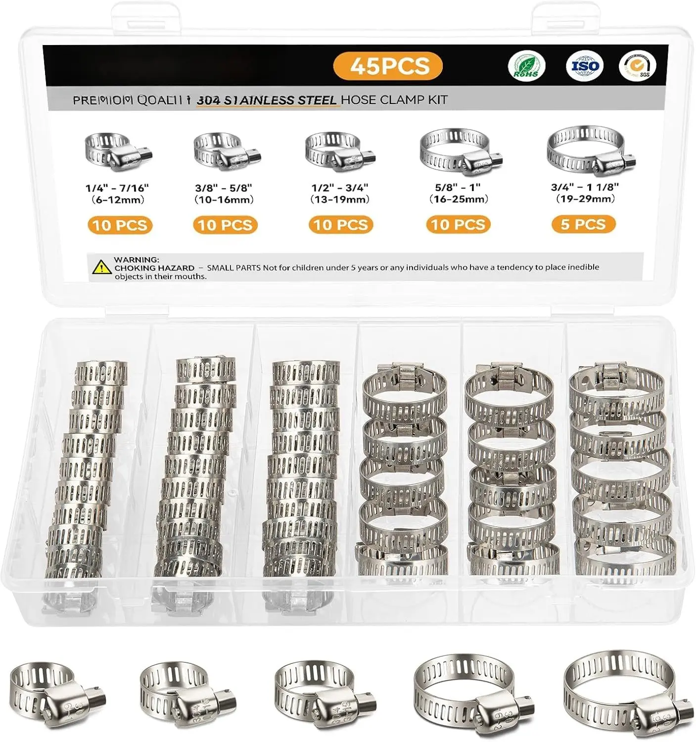 45 count Hose Clamp Assortment Kit - Stainless Steel Hose Clamps with Worm Gear, Adjustable 1/4'' to 1-1/8'' (6-29mm) for Plumbing, Automotive, and Mechanical Applications